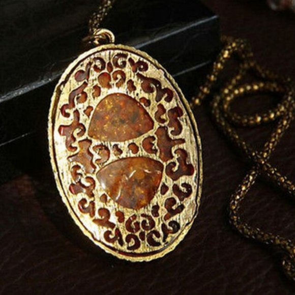 Vintage Styled Amber Hollow Long chain Sweater Pendant Necklace - Picture 8 of 8